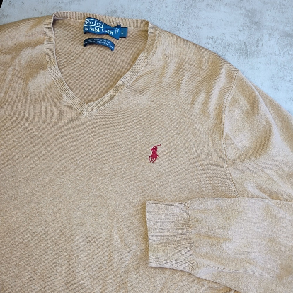 Polo Ralph Lauren Mens Large‎ Tan V-Neck Pima Cotton Pullover Sweater Pony Logo
